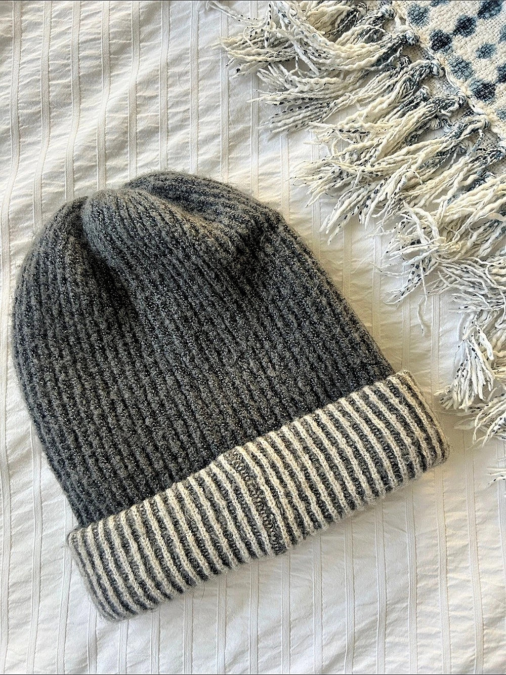 Aerie Ribbed Beanie Striped Knit Gray & Cream
